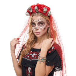 Red Skull Floral Veil Headband