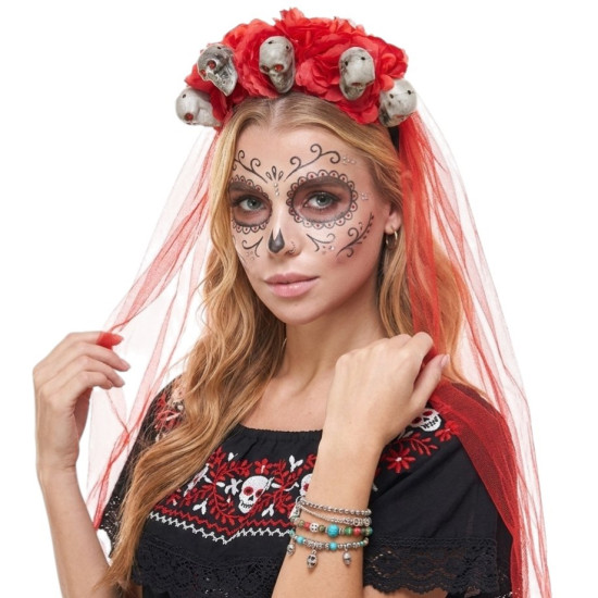 Red Skull Floral Veil Headband