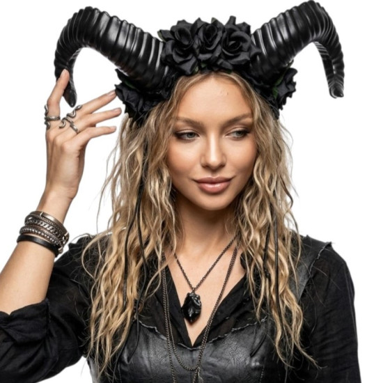 Black Floral Ram Horns Headband