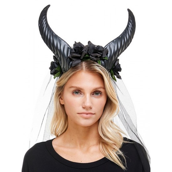Black Floral Horns Veil Headpiece Black Floral Horns Veil Headpiece