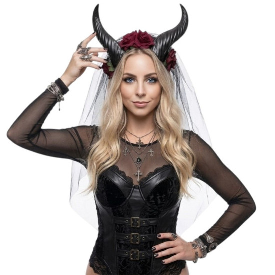 Red Floral Horns Veil Headpiece