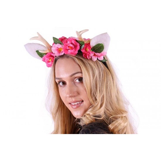 Pink Floral Deer Antlers Headband