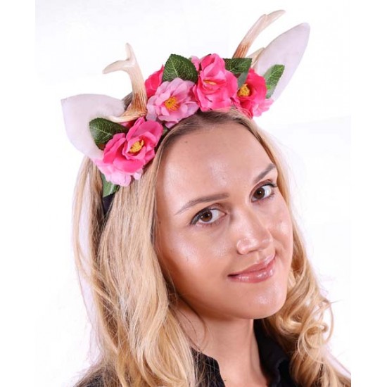 Pink Floral Deer Antlers Headband