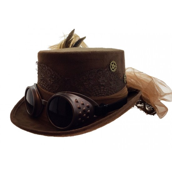 Brown Steampunk Goggles Top Hat