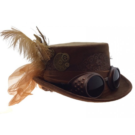 Brown Steampunk Goggles Top Hat