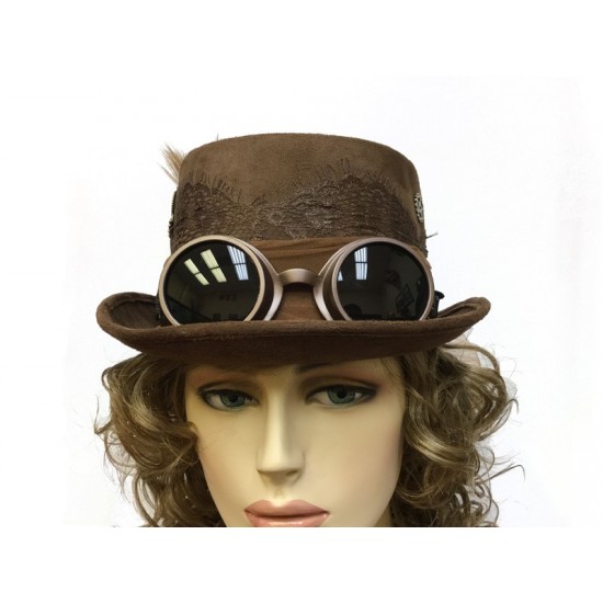 Brown Steampunk Goggles Top Hat
