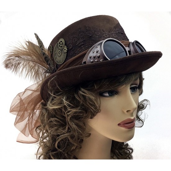 Brown Steampunk Goggles Top Hat