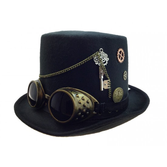 Black Steampunk Chain Goggles Top Hat