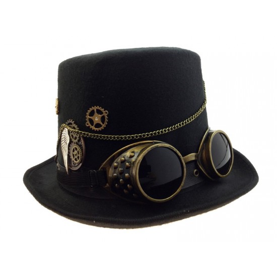 Black Steampunk Chain Goggles Top Hat