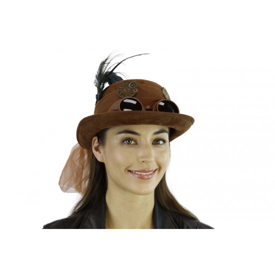 Brown Steampunk Bowler Hat with Goggles
