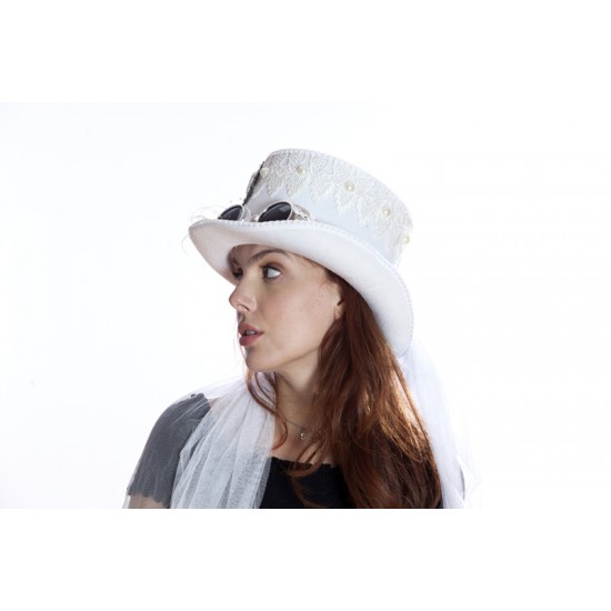 White Steampunk Top Hat with Goggles