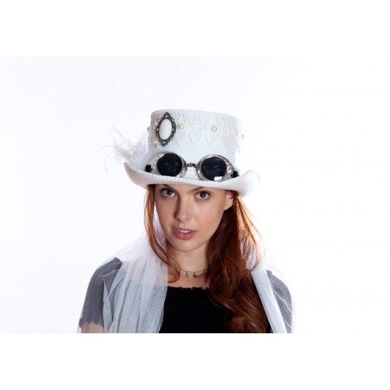White Steampunk Top Hat with Goggles