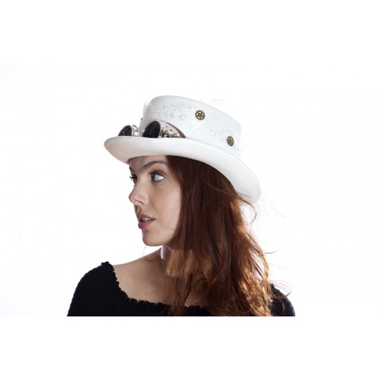 White Steampunk Top Hat with Goggles