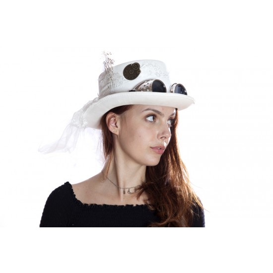 White Steampunk Top Hat with Goggles