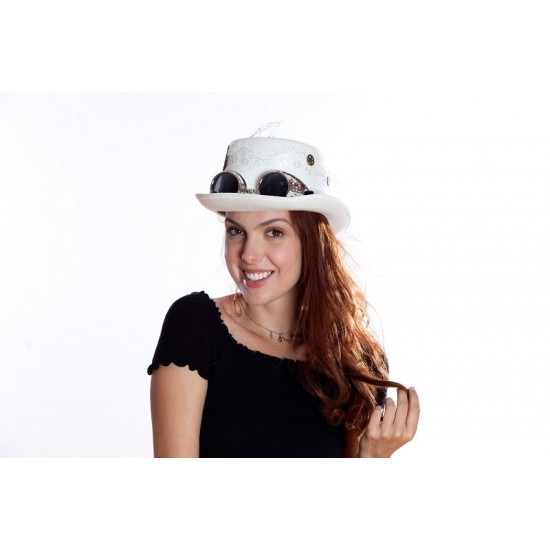 White Steampunk Top Hat with Goggles