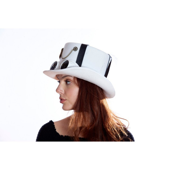White Steampunk Top Hat with Goggles