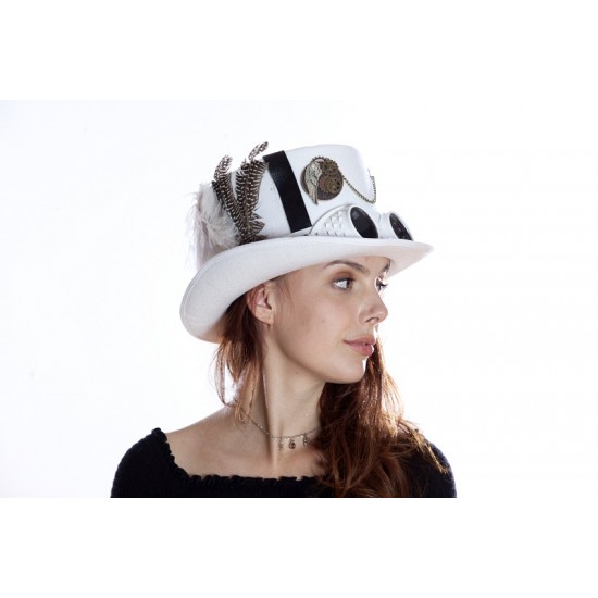 White Steampunk Top Hat with Goggles