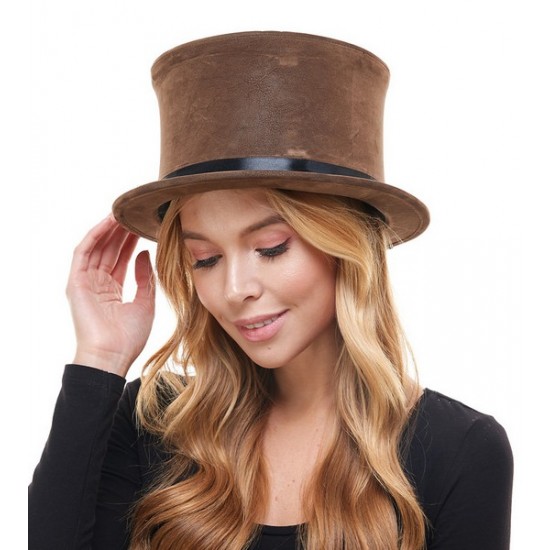 Brown Faux Suede Top Hat