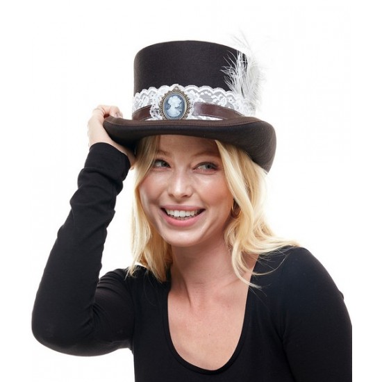 Brown Lace Cameo Top Hat