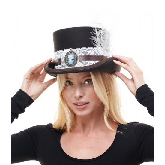 Brown Lace Cameo Top Hat