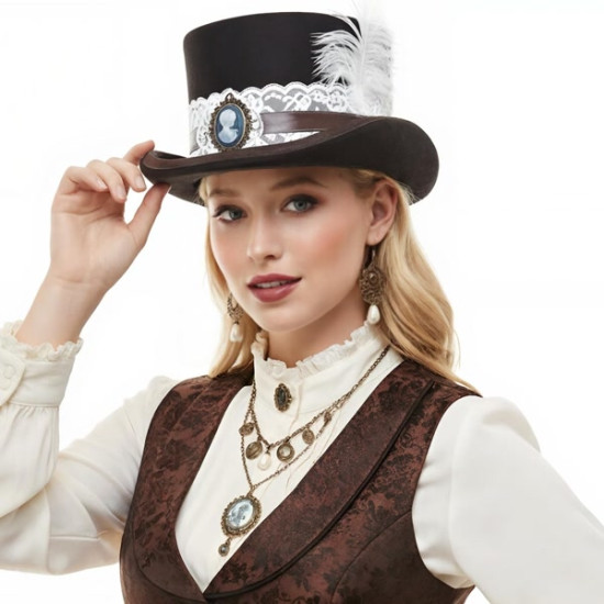 Brown Lace Cameo Top Hat
