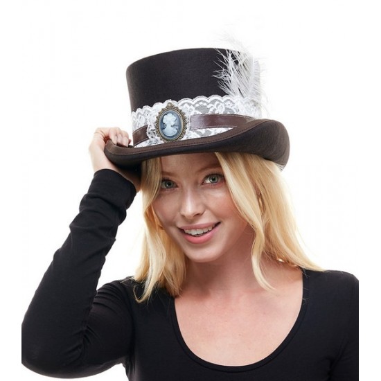 Brown Lace Cameo Top Hat