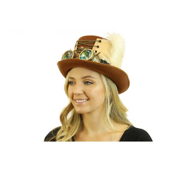 Beige Steampunk Goggles Feather Hat