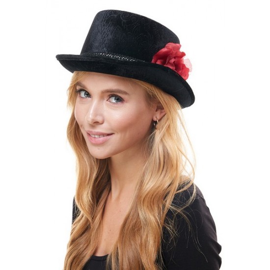 Black Velvet Top Hat with Rose