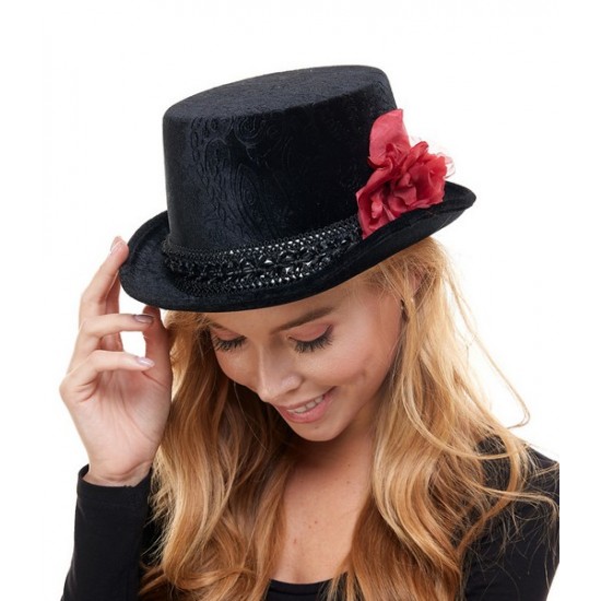 Black Velvet Top Hat with Rose