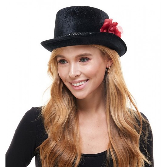 Black Velvet Top Hat with Rose