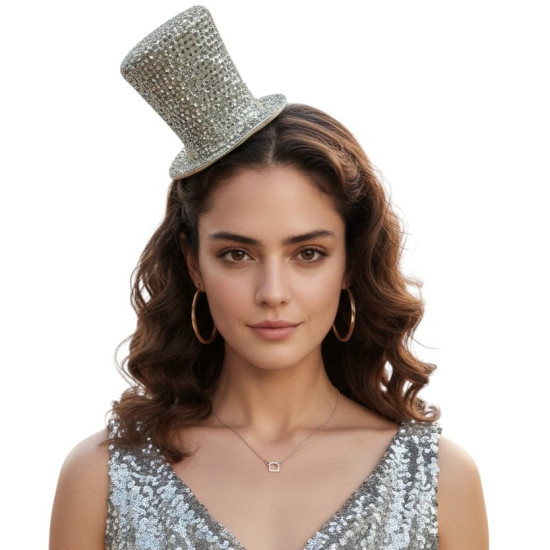 Silver Rhinestone Mini Top Hat Headband