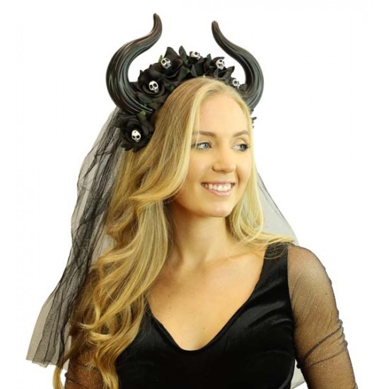 Black Gothic Horn Veil Headband with Skulls