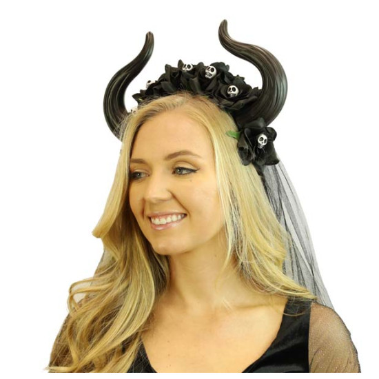 Black Gothic Horn Veil Headband with Skulls