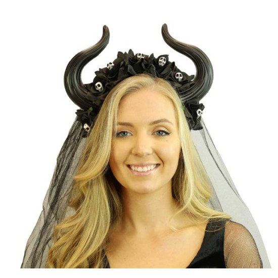Black Gothic Horn Veil Headband with Skulls