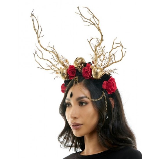 Gold Gothic Antler Skull Rose Headband Gold Gothic Antler Skull Rose Headband