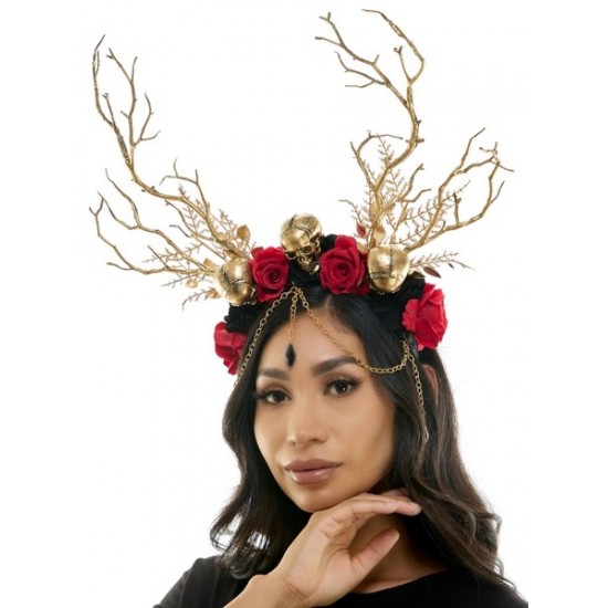 Gold Gothic Antler Skull Rose Headband Gold Gothic Antler Skull Rose Headband