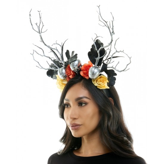 Silver Gothic Antler Skull Rose Headband Silver Gothic Antler Skull Rose Headband