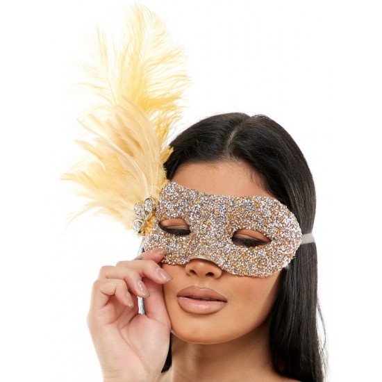 Gold Glitter Masquerade Mask with Feather