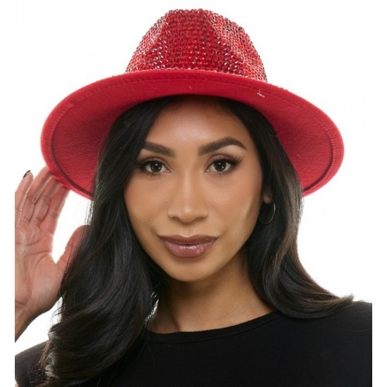 Red Rhinestone Wide Brim Fedora
