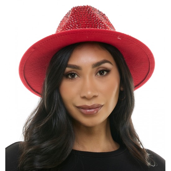 Red Rhinestone Wide Brim Fedora