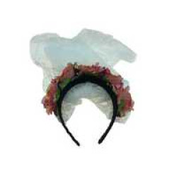 Floral Red Headband with White Veil