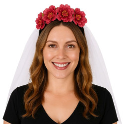 Floral Red Headband with White Veil