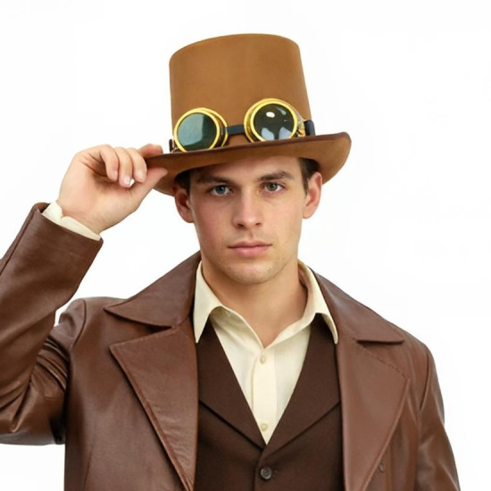 Tan Steampunk Goggles Top Hat