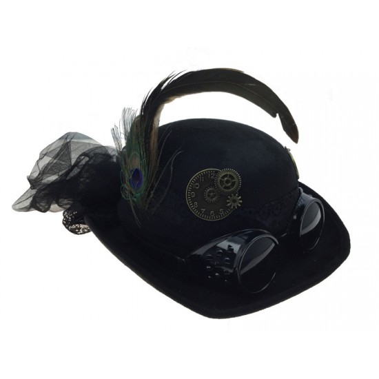 Black Steampunk Bowler Hat with Goggles