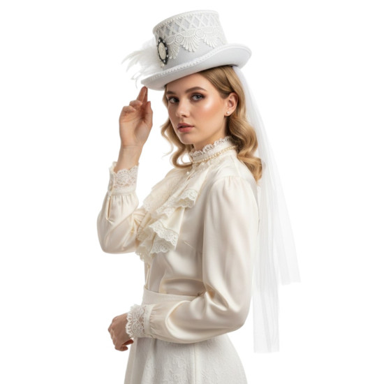 White Lace Victorian Top Hat with Veil