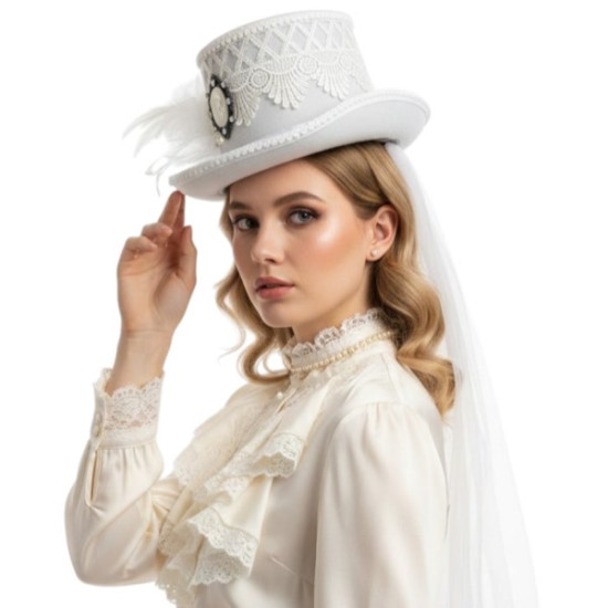 White Lace Victorian Top Hat with Veil
