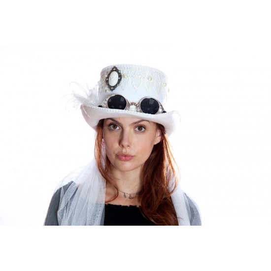 White Steampunk Top Hat with Goggles