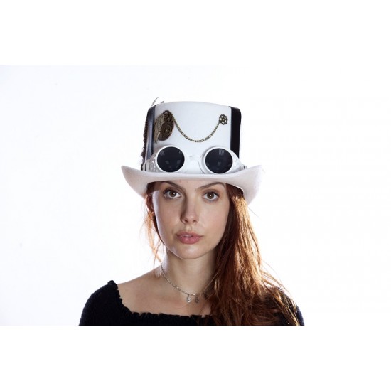 White Steampunk Top Hat with Goggles