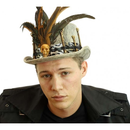 Grey Voodoo Feather Skull Hat