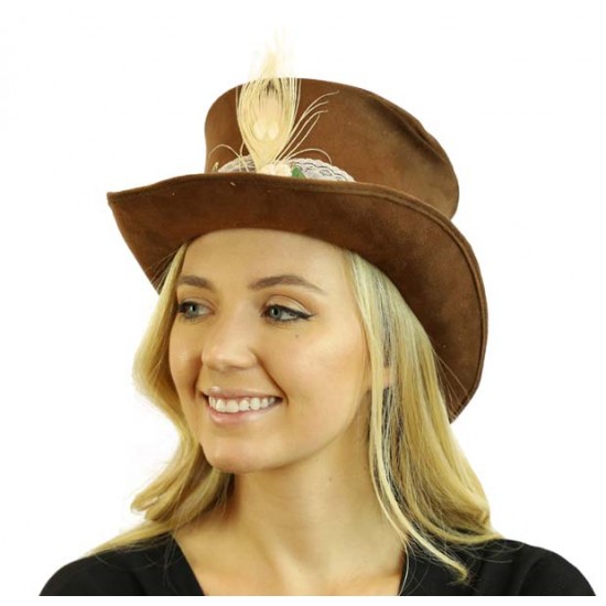 Brown White Feather Steampunk Hat